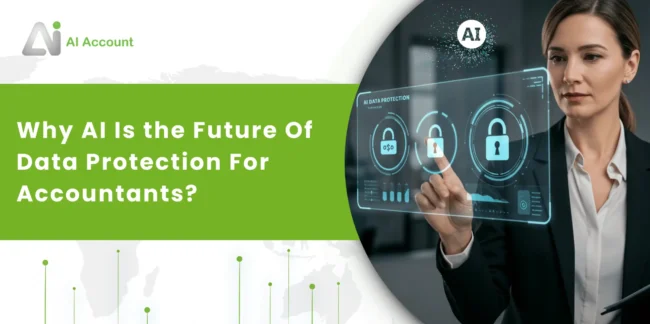 Why AI Is the Future Of Data Protection for Accountants Businesswoman using AI interface for data protection with padlock icons.