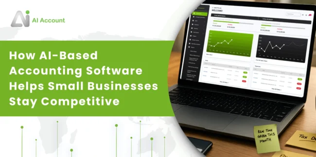 How AI Accounting Tools Help Small Businesses Compete AI-based accounting software dashboard helping small businesses track finances on a laptop.