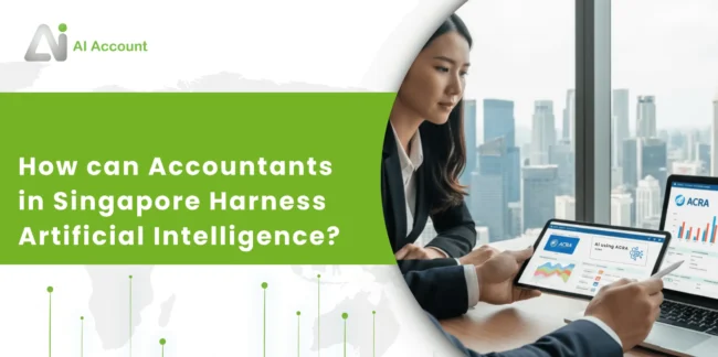 Accountants in Singapore Harnessing AI A professional accountant in Singapore analyzing financial data on digital devices, showcasing how AI tools like ACRA can support accounting with charts and insights.