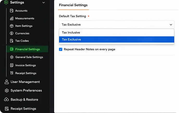 Default Tax Setting (Exclusive & Inclusive)